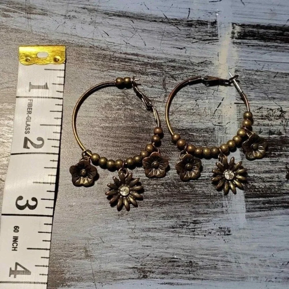 Lucky Brand‎ Antique Bronze Floral Beaded Earrings Rhinestone Sunflower Charms